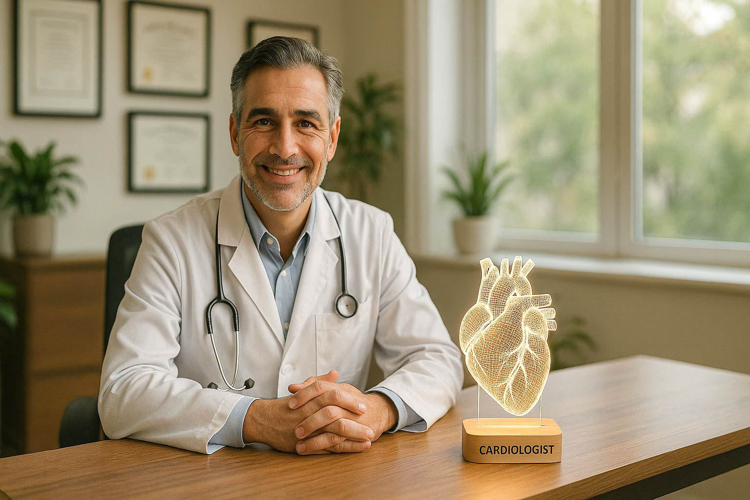 Portrait of a male cardiologist in a modern office with a glowing 3D LED heart lamp on a wooden desk, smiling and wearing a white lab coat and stethoscope.