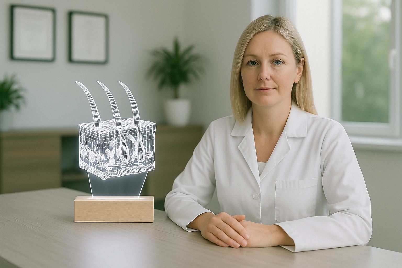 Professional portrait of a female dermatologist seated in a modern clinic beside a glowing 3D LED hair follicle lamp. Ideal dermatology office decor and gift for skincare specialists or trichologists.