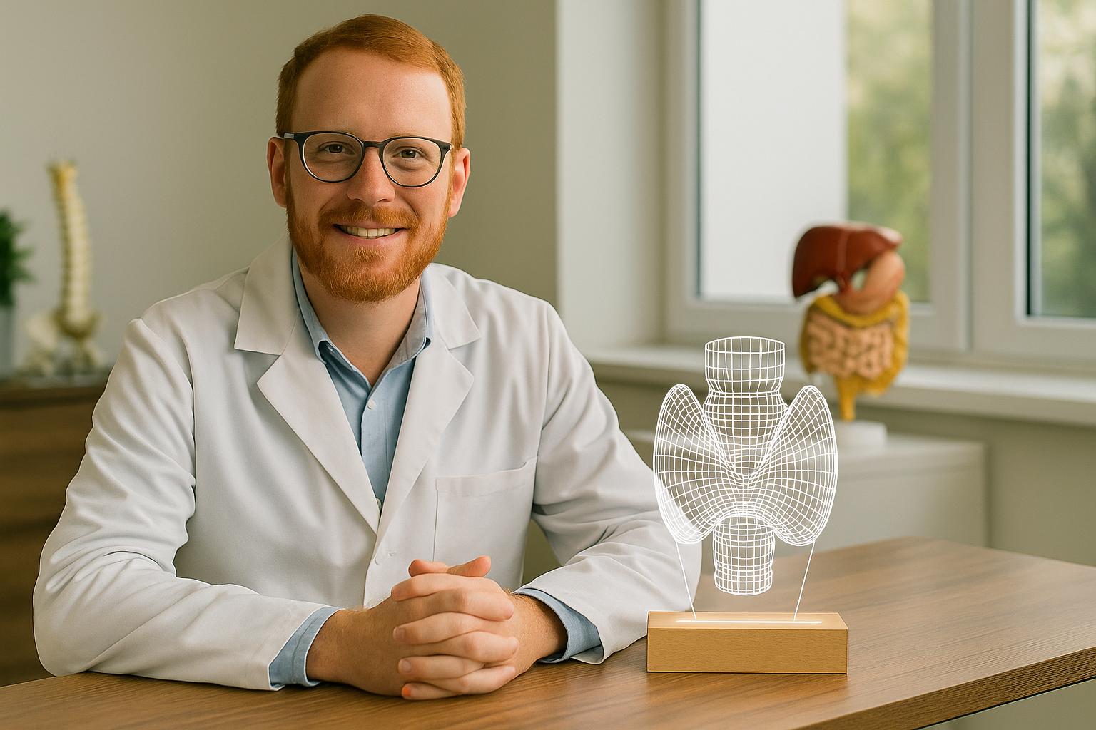 Portrait of a red-haired male endocrinologist sitting in his clinic beside a glowing 3D LED thyroid lamp. Surrounded by endocrine-related anatomical models, this image is ideal for personalized medical office decor or endocrinology gift ideas.