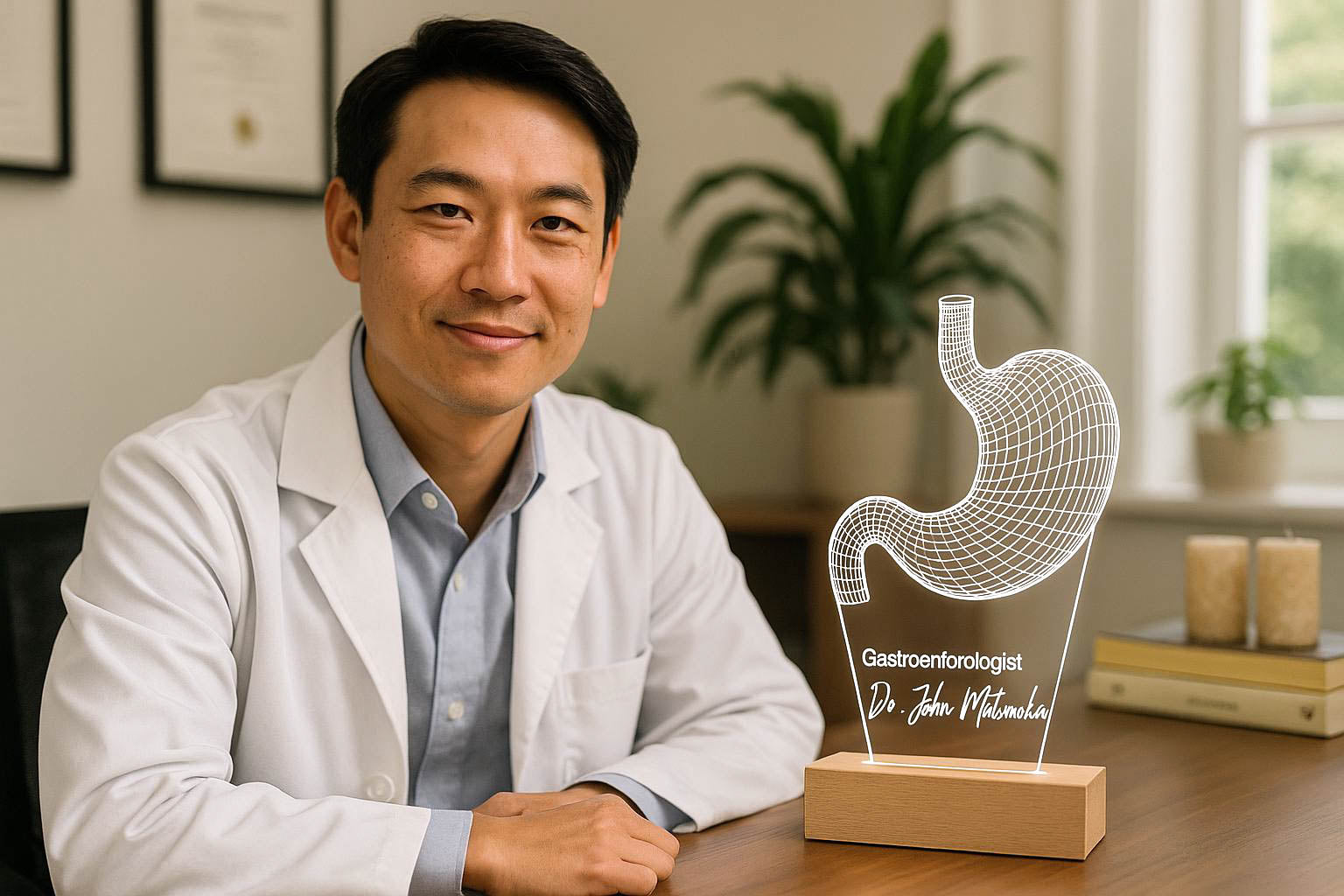 Asian male gastroenterologist seated at his desk, next to a 3D LED stomach lamp, in a soft-lit office with green plants and medical certificates.