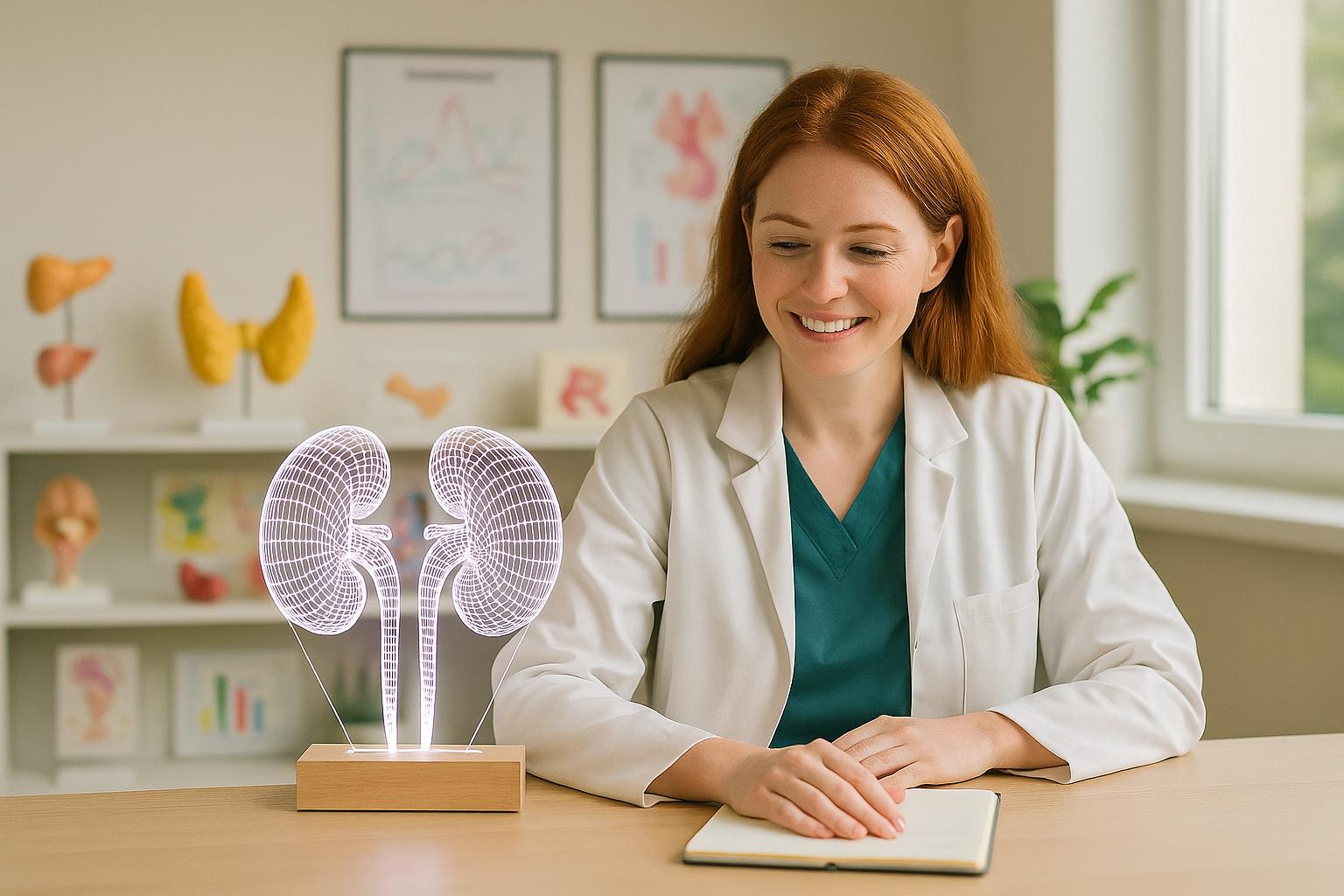 Portrait of a red-haired female endocrinologist in her office, smiling beside a glowing 3D LED kidney lamp. Surrounded by anatomical thyroid models and educational charts, ideal medical gift for nephrology and endocrinology professionals.