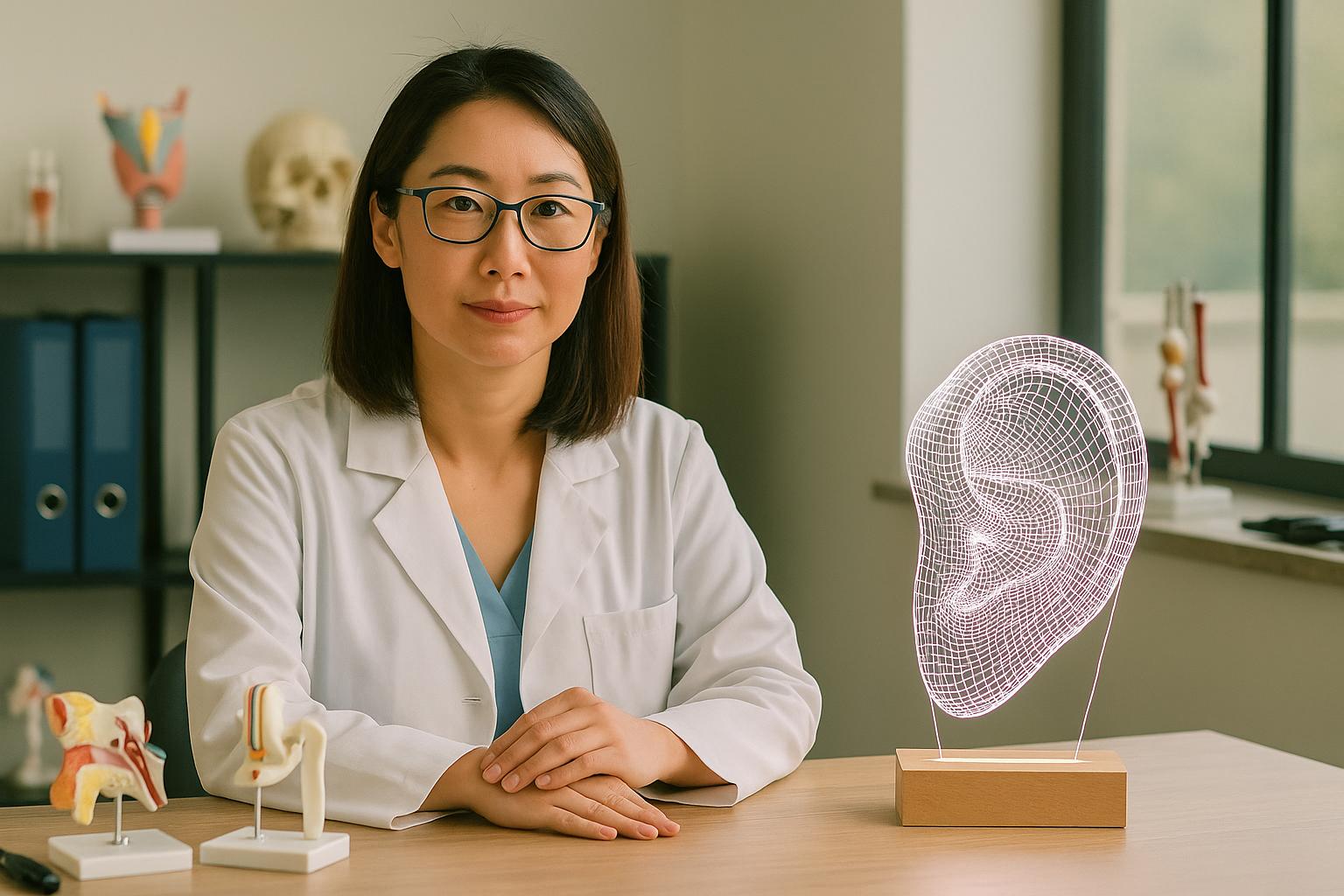Portrait of an East Asian female ENT doctor in her clinic, seated beside a glowing 3D LED ear lamp. Surrounded by anatomical models and soft daylight, perfect gift and decor for otolaryngologists or hearing specialists.