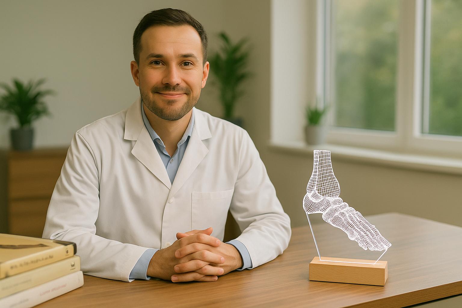 Professional portrait of a male podiatrist sitting in his clinic next to a glowing 3D LED foot lamp. Ideal podiatry office decor and personalized gift for foot specialists.