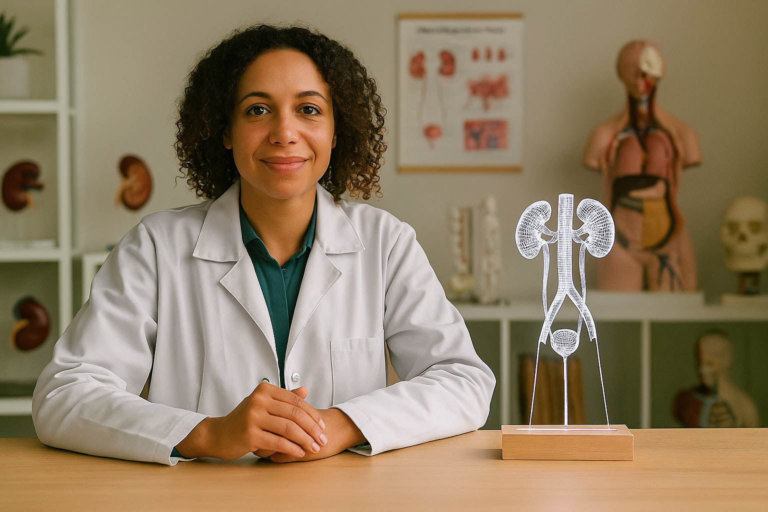 Personalized anatomical LED lamp shaped like the urinary system placed on a wooden desk beside a smiling female urologist with curly hair, seated in a modern medical laboratory with urology-themed decor in the background.