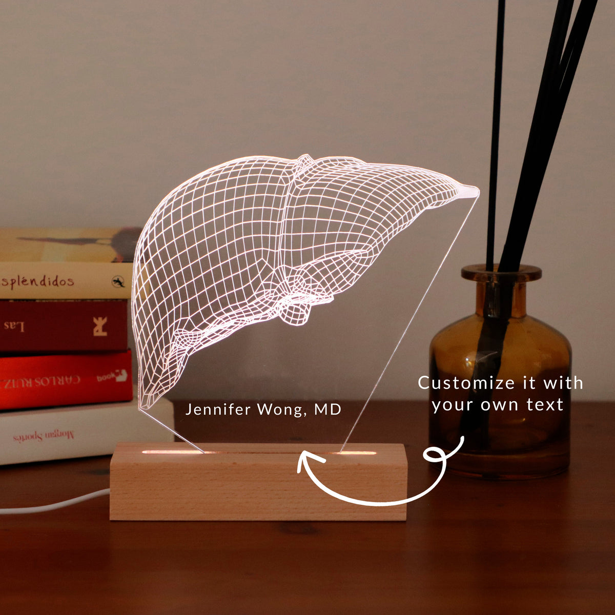 3D illusion lamp featuring a detailed liver anatomy design in a wireframe style, illuminated in a white tone, perfect as a unique gift for hepatologists or medical professionals specializing in liver health.