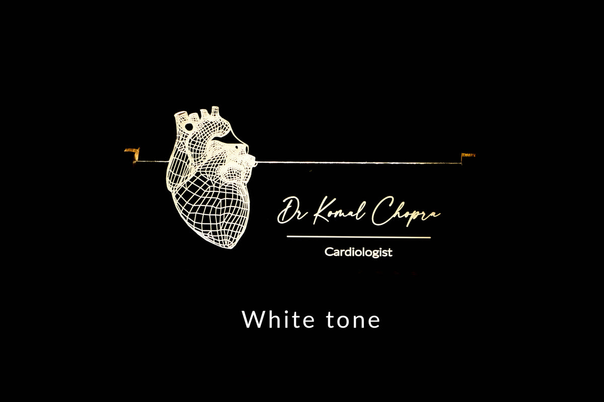 Personalized LED desk nameplate featuring a detailed heart anatomy design, illuminated in a white tone, perfect as a unique and thoughtful gift for cardiology professionals or heart specialists.