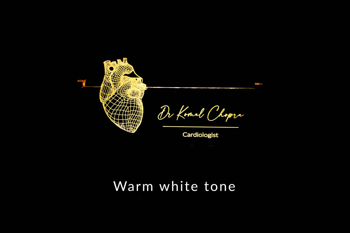 Personalized LED desk nameplate featuring a detailed heart anatomy design, illuminated in a white tone, perfect as a unique and thoughtful gift for cardiology professionals or heart specialists.