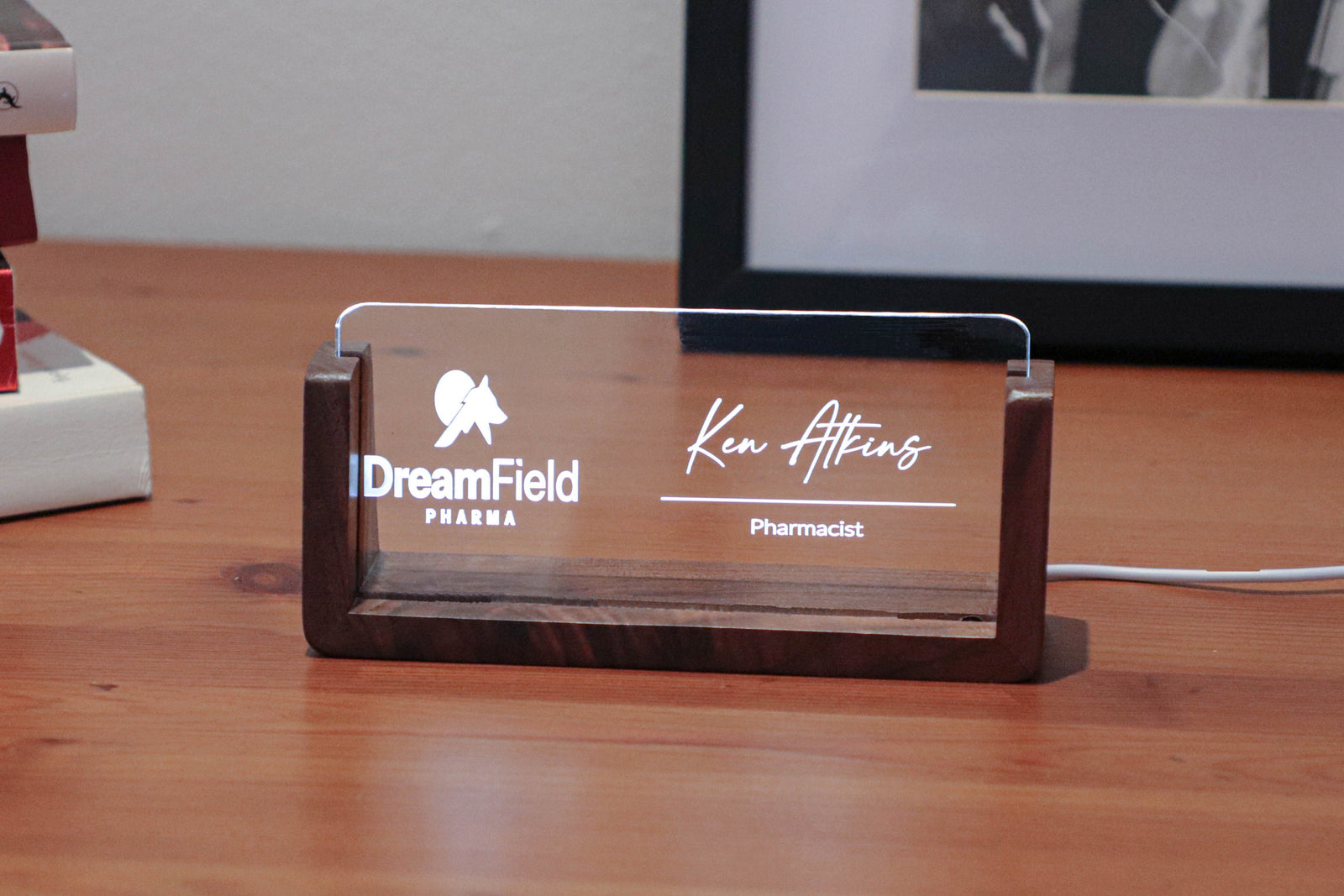 Personalized LED desk nameplate with engraved company logo, white light illumination – ideal for professional office decor or corporate gifts