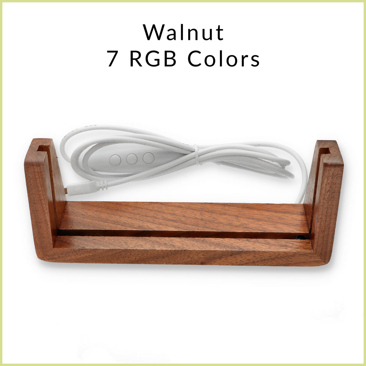 U-shaped LED wooden base in beech or walnut for personalized desk name plate, available with 3 white tones or 7 RGB colors lighting options