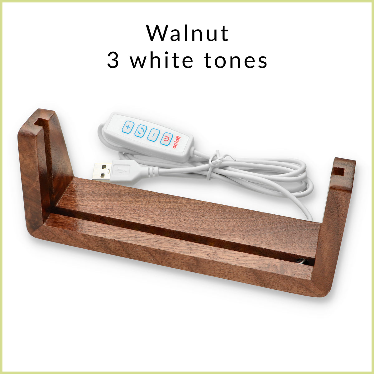 U-shaped LED wooden base in beech or walnut for personalized desk name plate, available with 3 white tones or 7 RGB colors lighting options