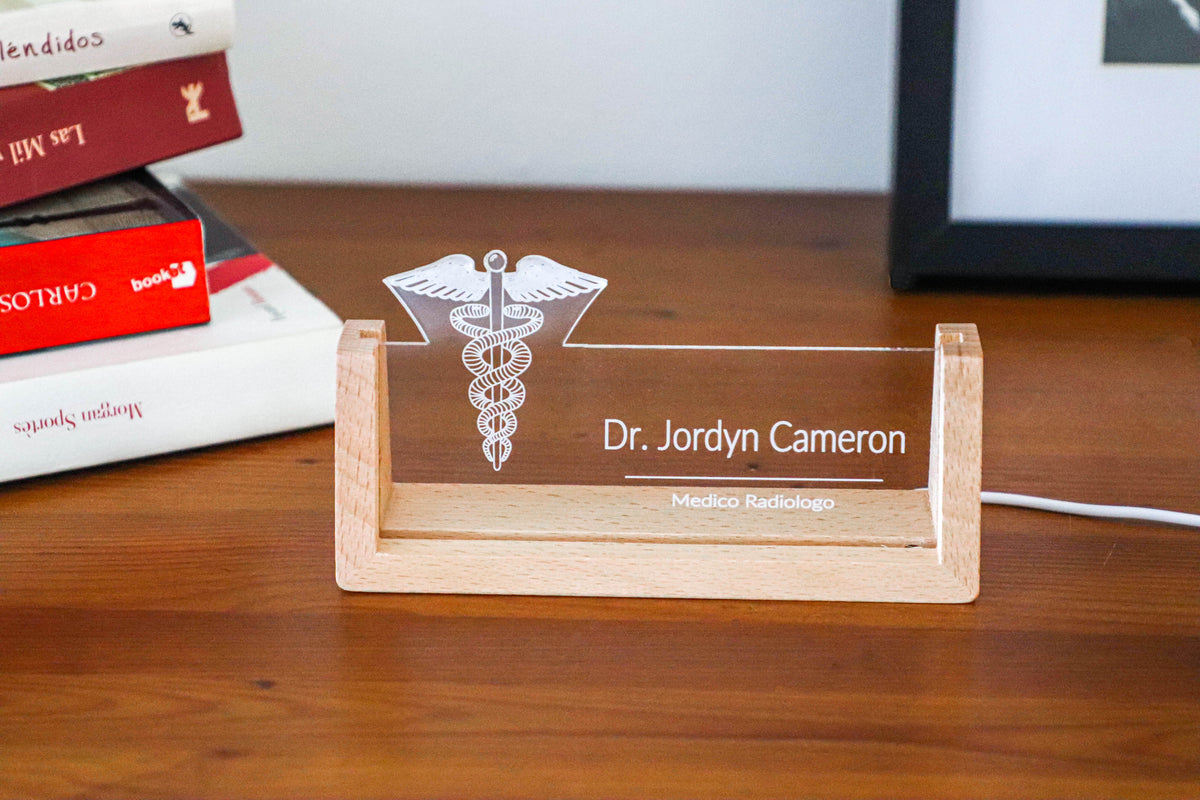 LED desk nameplate featuring a detailed Caduceus symbol design, illuminated in a white tone, perfect as a unique and thoughtful gift for doctors, healthcare professionals, or medical practitioners.