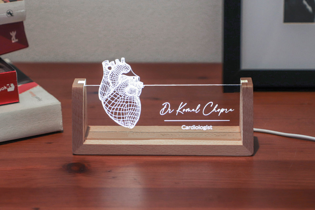 Personalized LED desk nameplate featuring a detailed heart anatomy design, illuminated in a white tone, perfect as a unique and thoughtful gift for cardiology professionals or heart specialists.