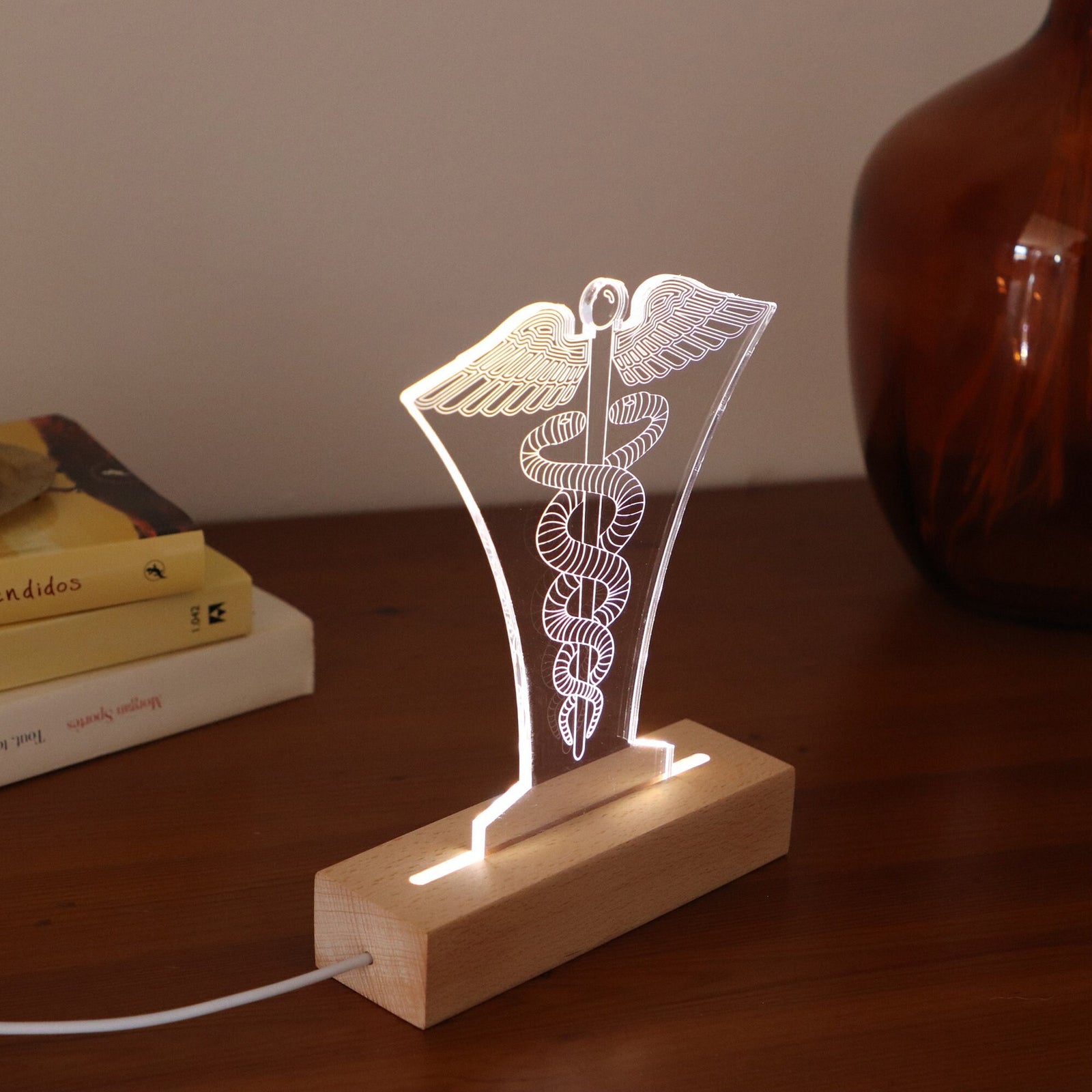 3D illusion lamp featuring the Caduceus symbol, illuminated in a white tone, perfect as a unique and thoughtful gift for doctors, healthcare professionals, or medical practitioners.
