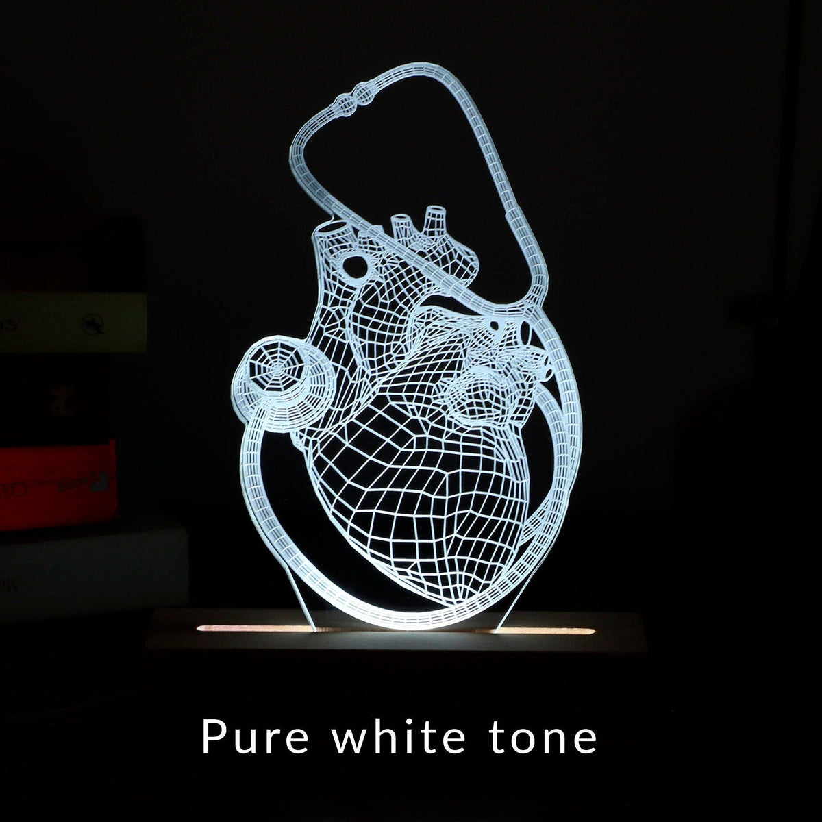 3D illusion lamp featuring a detailed human heart anatomy design combined with a stethoscope, illuminated in a white tone, perfect as a unique and thoughtful gift for cardiologists, doctors, or medical professionals.
