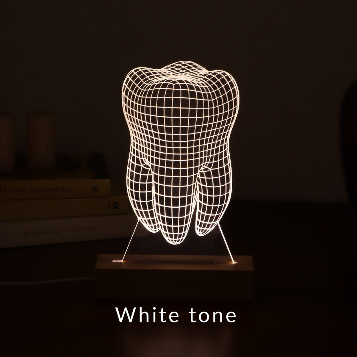 3D illusion lamp featuring a detailed tooth anatomy design, illuminated in a white tone, perfect as a unique gift for dentists or dental professionals.