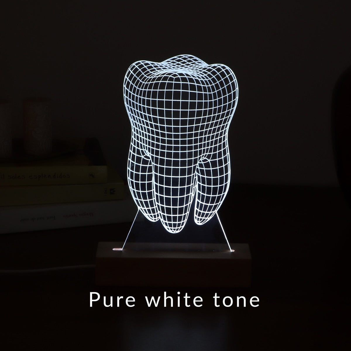 3D illusion lamp featuring a detailed tooth anatomy design, illuminated in a white tone, perfect as a unique gift for dentists or dental professionals.