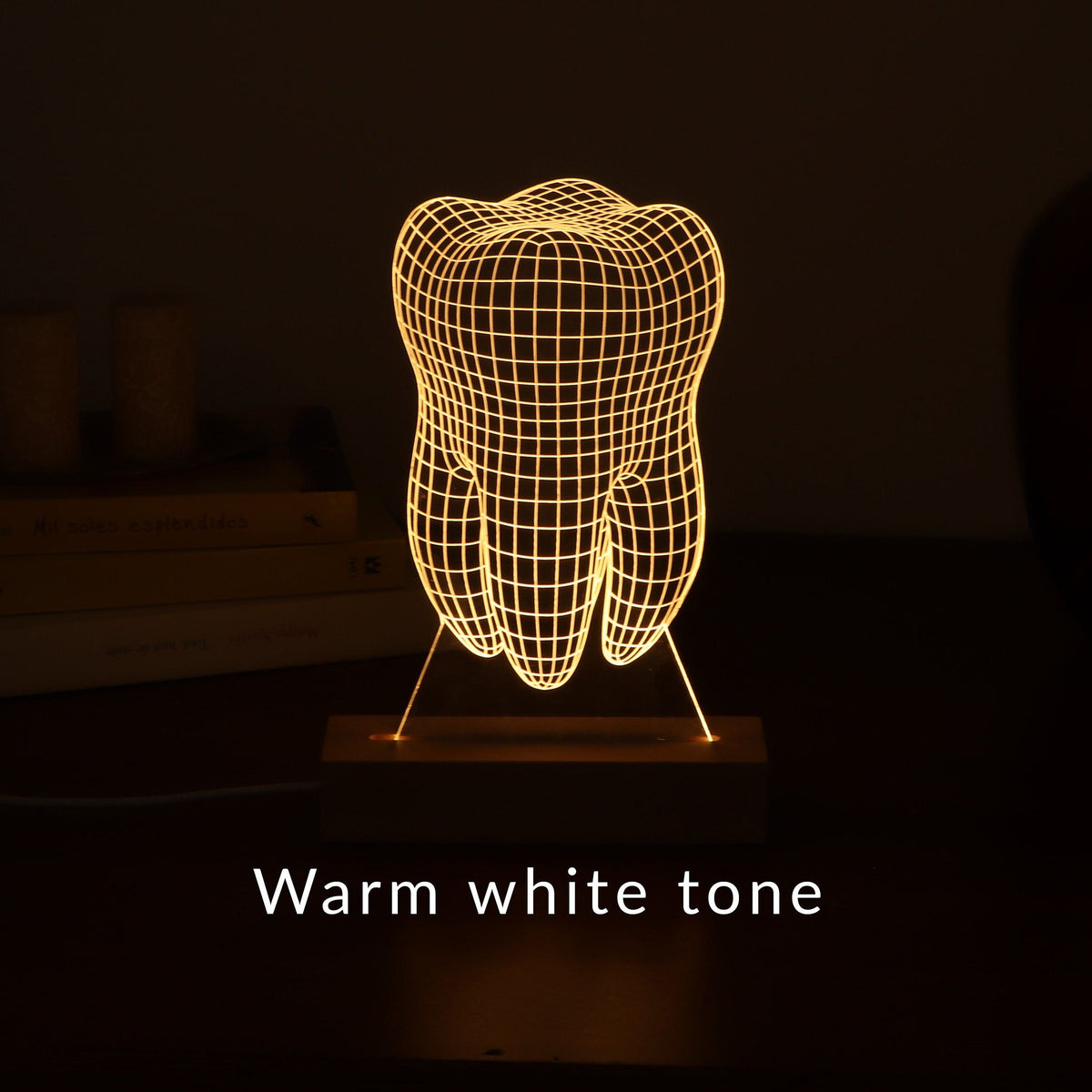 3D illusion lamp featuring a detailed tooth anatomy design, illuminated in a white tone, perfect as a unique gift for dentists or dental professionals.
