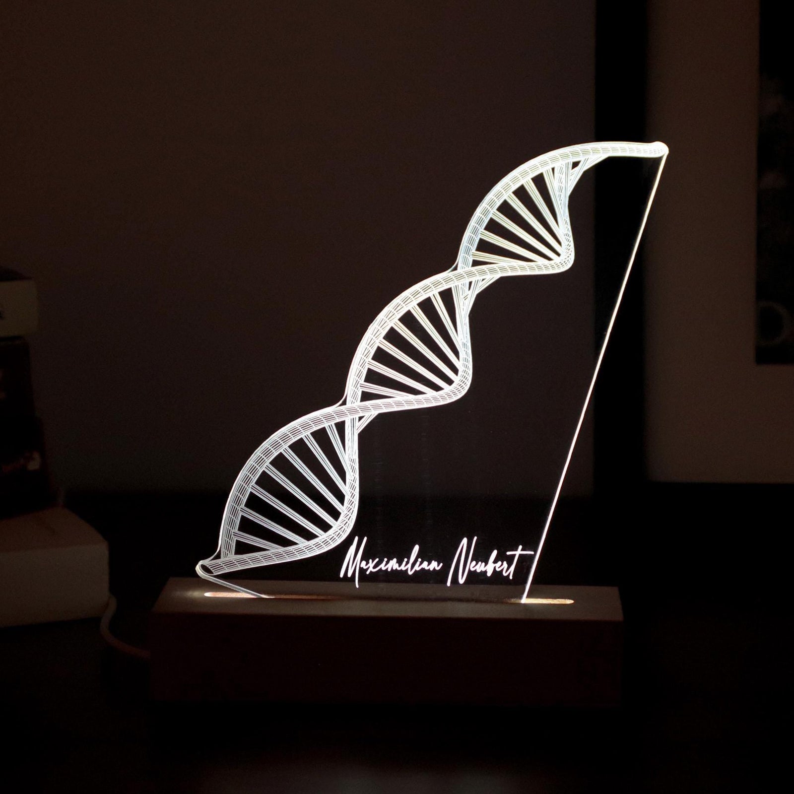 3D illusion lamp featuring a detailed DNA double helix design, illuminated in a white tone, personalized with a name, perfect as a unique and thoughtful gift for geneticists, scientists, or medical professionals specializing in human genome research