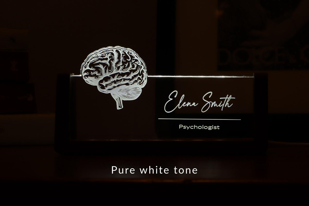 LED desk nameplate featuring a detailed brain anatomy design, illuminated in a white tone, perfect as a unique and thoughtful gift for psychologists, neurologists, or medical professionals specializing in brain health.