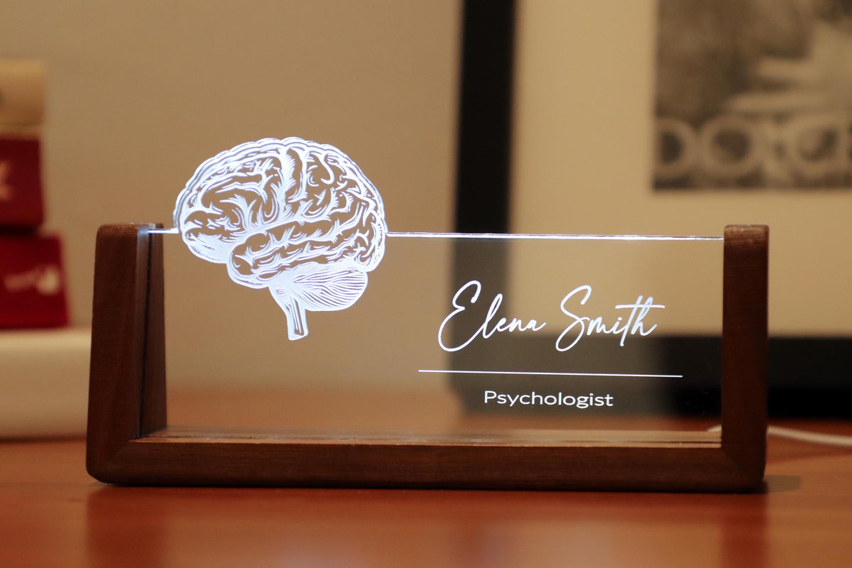 LED desk nameplate featuring a detailed brain anatomy design, illuminated in a white tone, perfect as a unique and thoughtful gift for psychologists, neurologists, or medical professionals specializing in brain health.