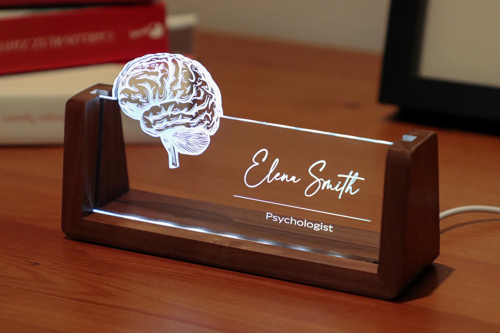 LED desk nameplate featuring a detailed brain anatomy design, illuminated in a white tone, perfect as a unique and thoughtful gift for psychologists, neurologists, or medical professionals specializing in brain health.