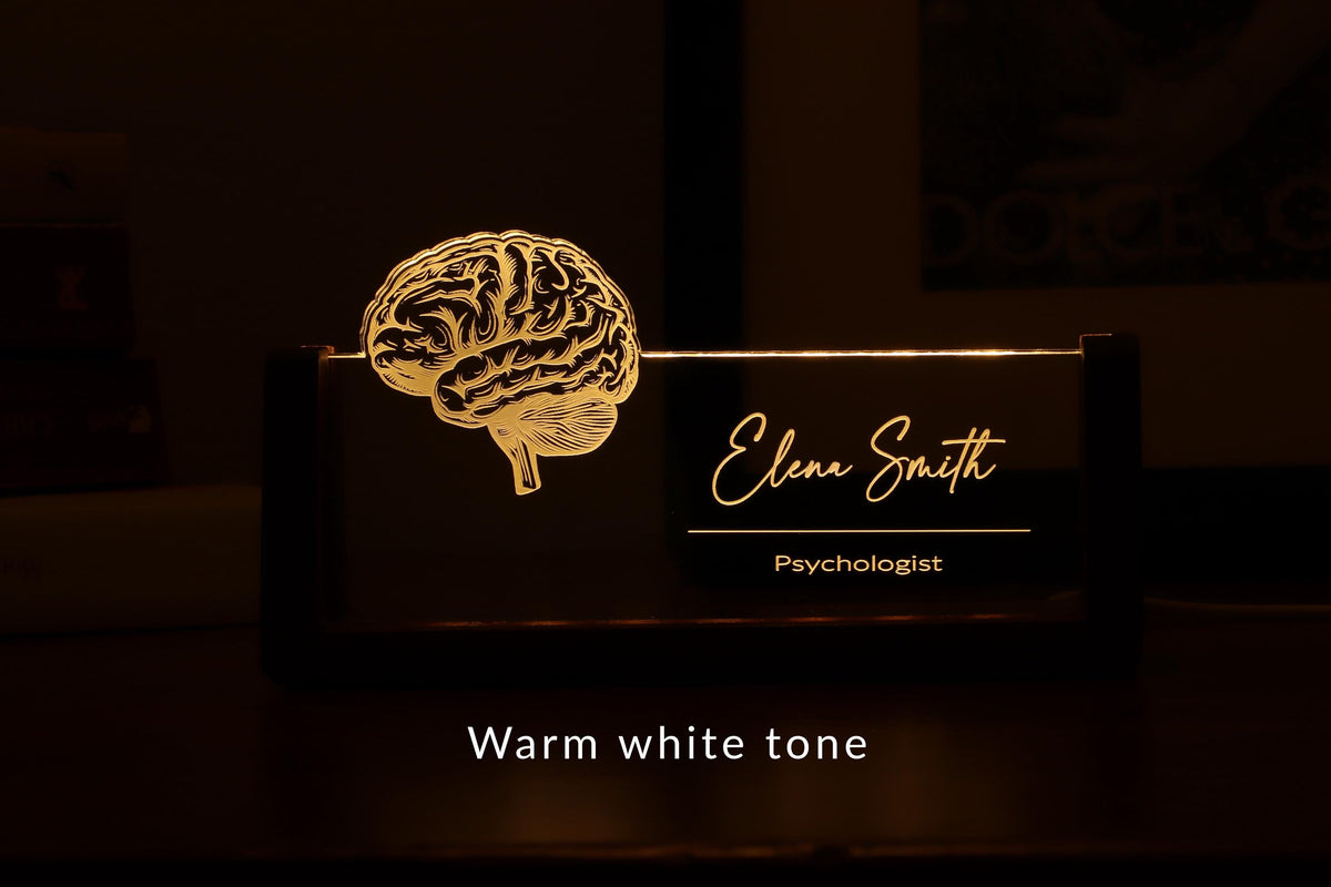 LED desk nameplate featuring a detailed brain anatomy design, illuminated in a warm white tone, perfect as a unique and thoughtful gift for psychologists, neurologists, or medical professionals specializing in brain health.