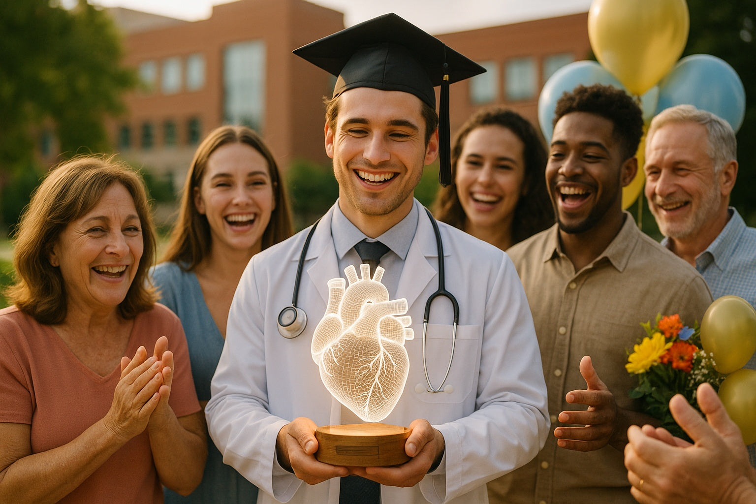 A joyful young medical graduate in a white coat and graduation cap celebrates with friends and family outdoors, proudly holding a glowing 3D LED lamp shaped like a human heart — a personalized gift marking their graduation.