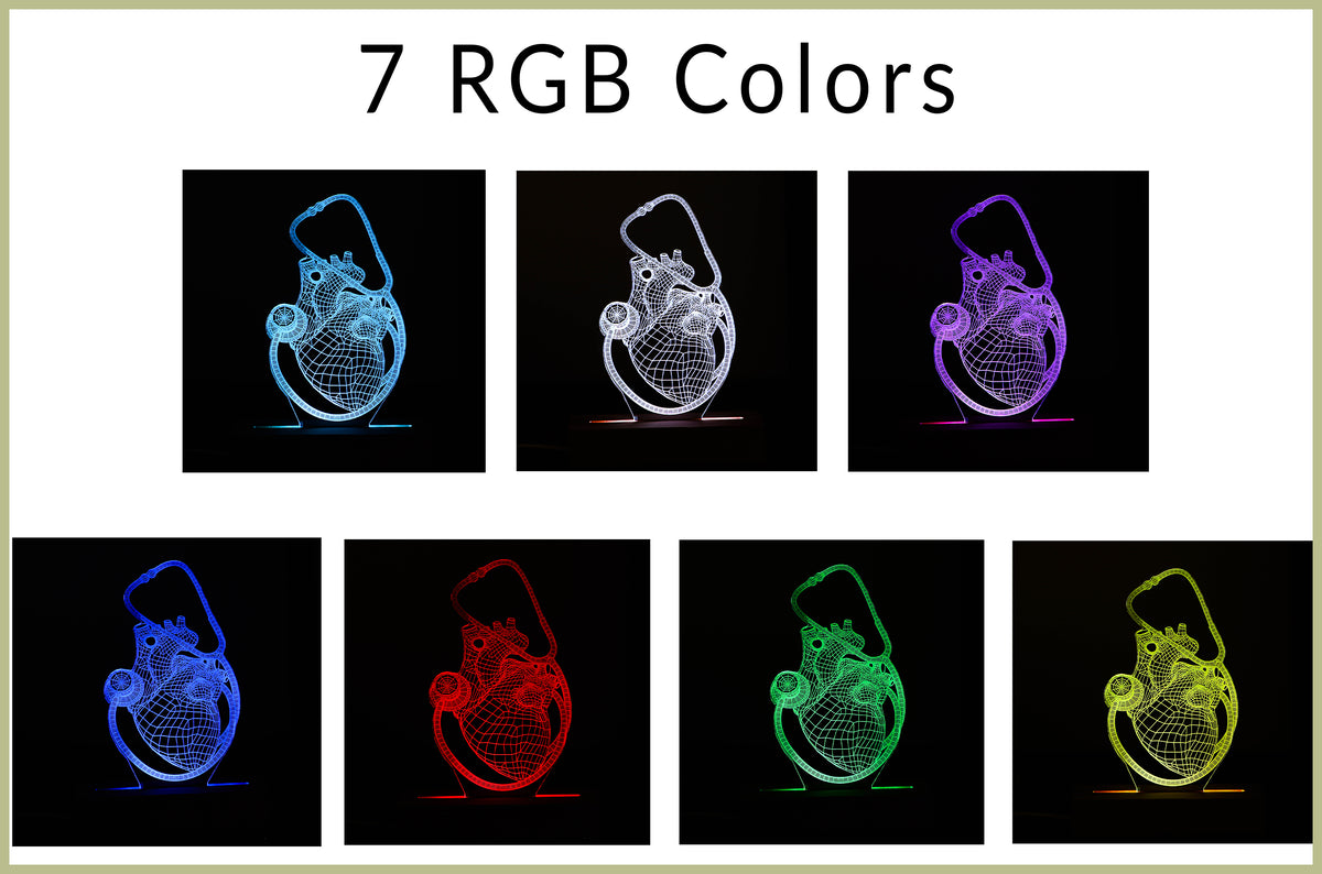 3D illusion lamp featuring a detailed human heart anatomy design combined with a stethoscope, illuminated in a white tone, perfect as a unique and thoughtful gift for cardiologists, doctors, or medical professionals.