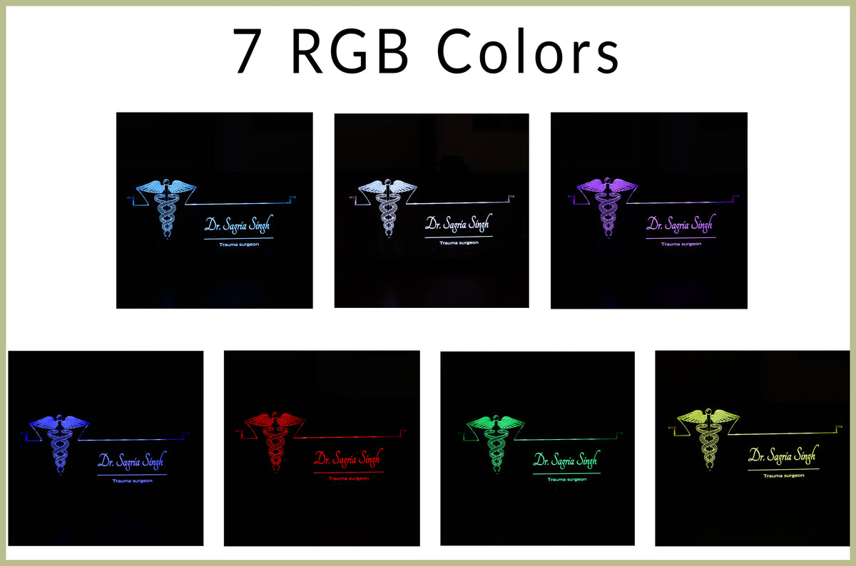 LED desk nameplate featuring a detailed Caduceus symbol design, illuminated in a white tone, perfect as a unique and thoughtful gift for doctors, healthcare professionals, or medical practitioners.