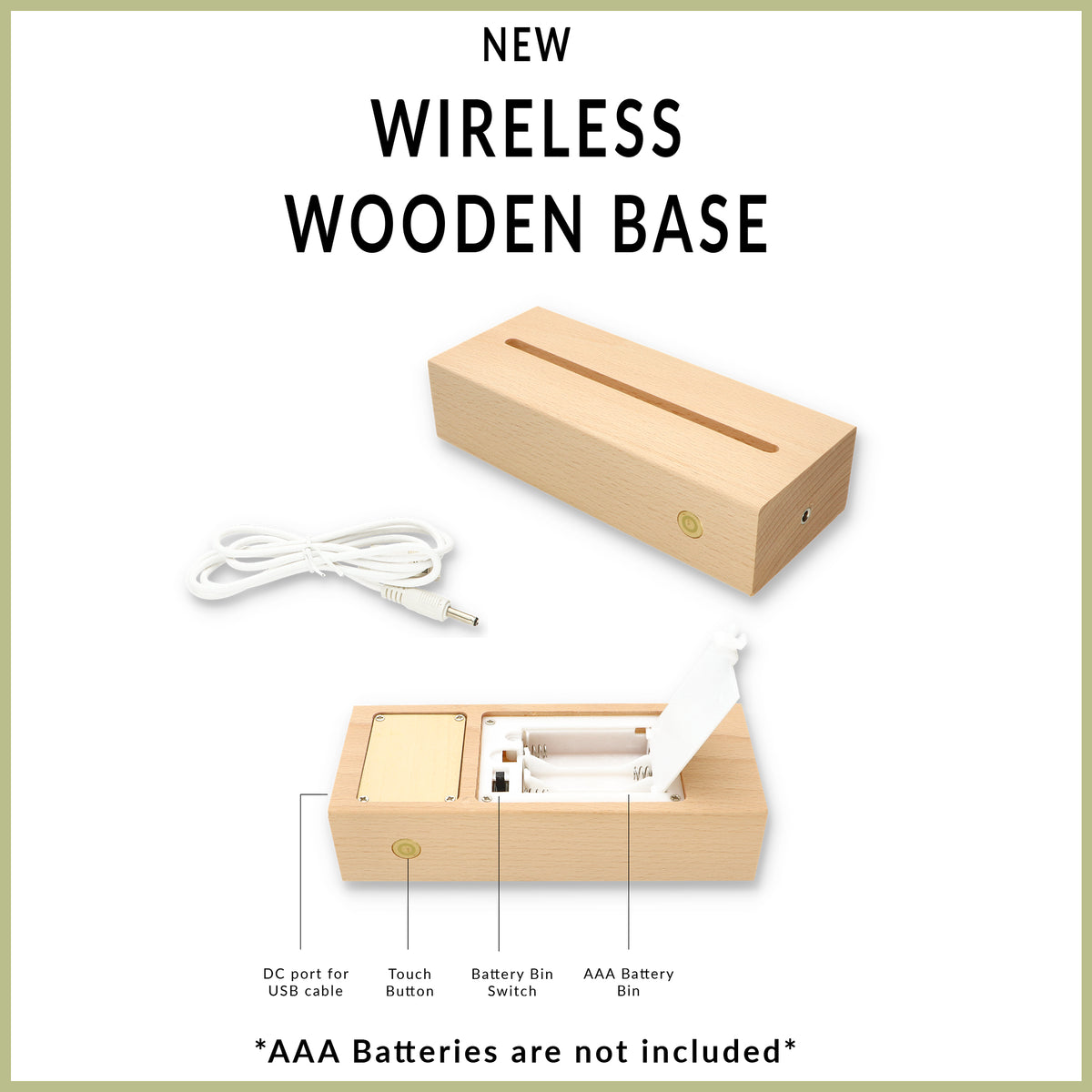 Wireless LED base for personalized acrylic lamp – sleek wood finish with touch control and USB-C charging port