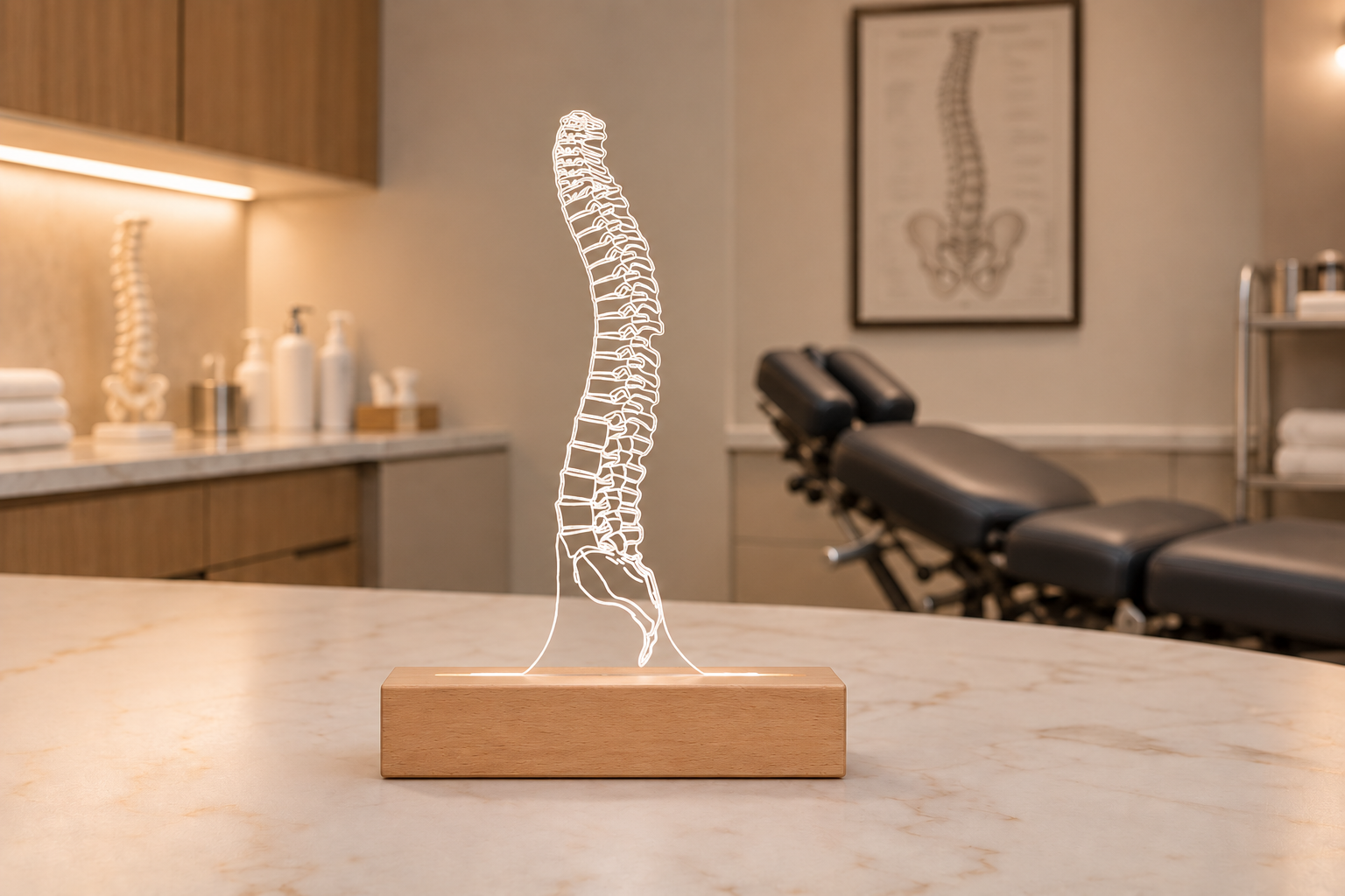 Portrait of a male chiropractor in a modern clinic sitting at his desk with a glowing 3D LED spine lamp. Ideal chiropractic office decor and gift idea for spine specialists and osteopaths.