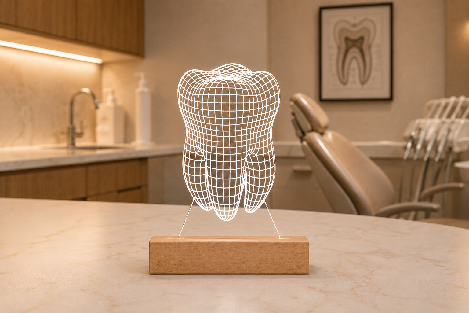Male dentist in a dental clinic sitting at a wooden desk next to a 3D LED tooth lamp, smiling confidently in a well-lit medical environment.