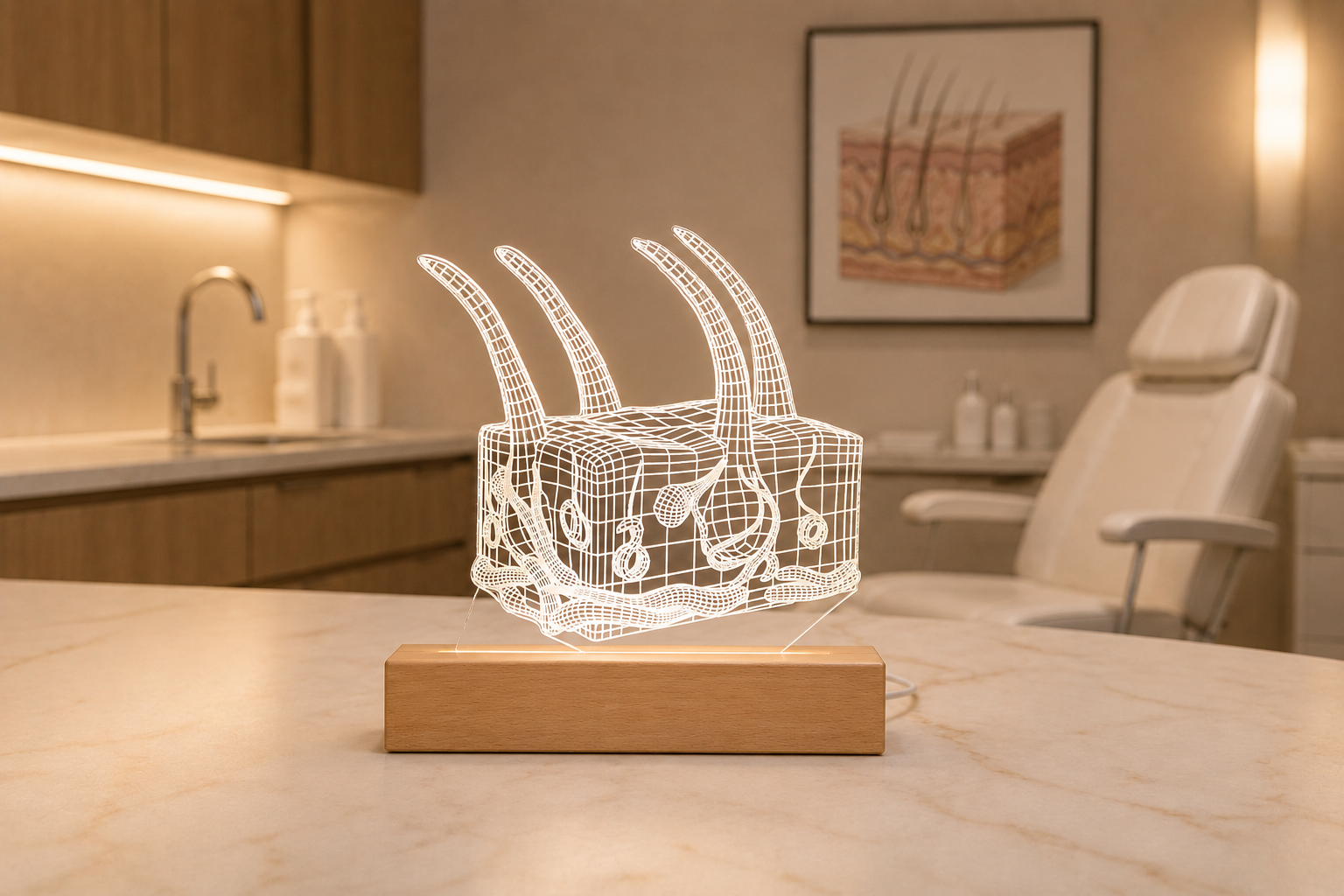 Professional portrait of a female dermatologist seated in a modern clinic beside a glowing 3D LED hair follicle lamp. Ideal dermatology office decor and gift for skincare specialists or trichologists.
