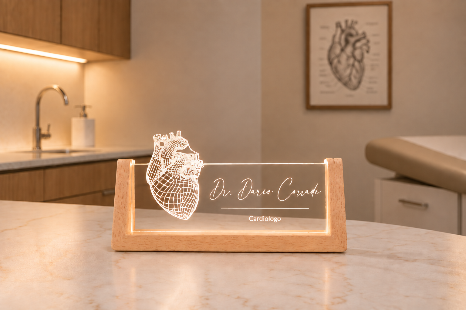 Personalized LED desk name plate lamp with heart design for female cardiologist, perfect gift for new graduates or doctors' office.