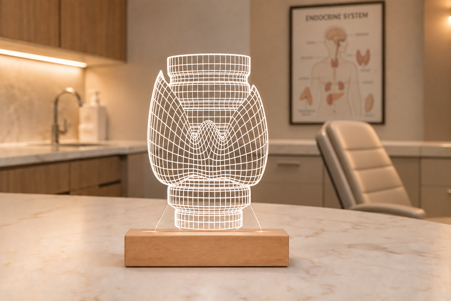 Portrait of a red-haired male endocrinologist sitting in his clinic beside a glowing 3D LED thyroid lamp. Surrounded by endocrine-related anatomical models, this image is ideal for personalized medical office decor or endocrinology gift ideas.