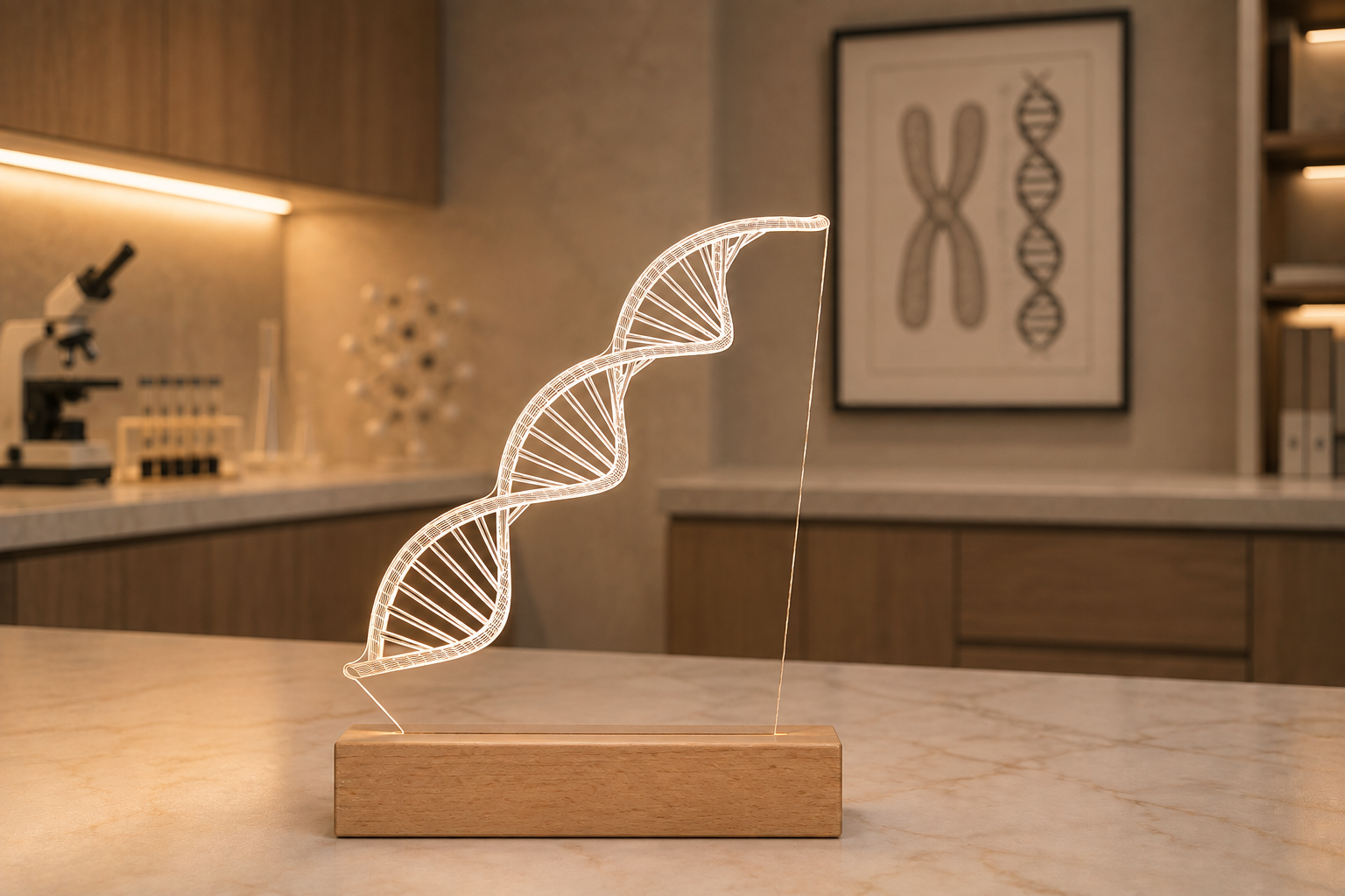 Portrait of a Middle Eastern male geneticist smiling in a laboratory, seated beside a glowing 3D LED DNA lamp. Surrounded by scientific books and genetic models, perfect decor and gift for geneticists or molecular biologists.