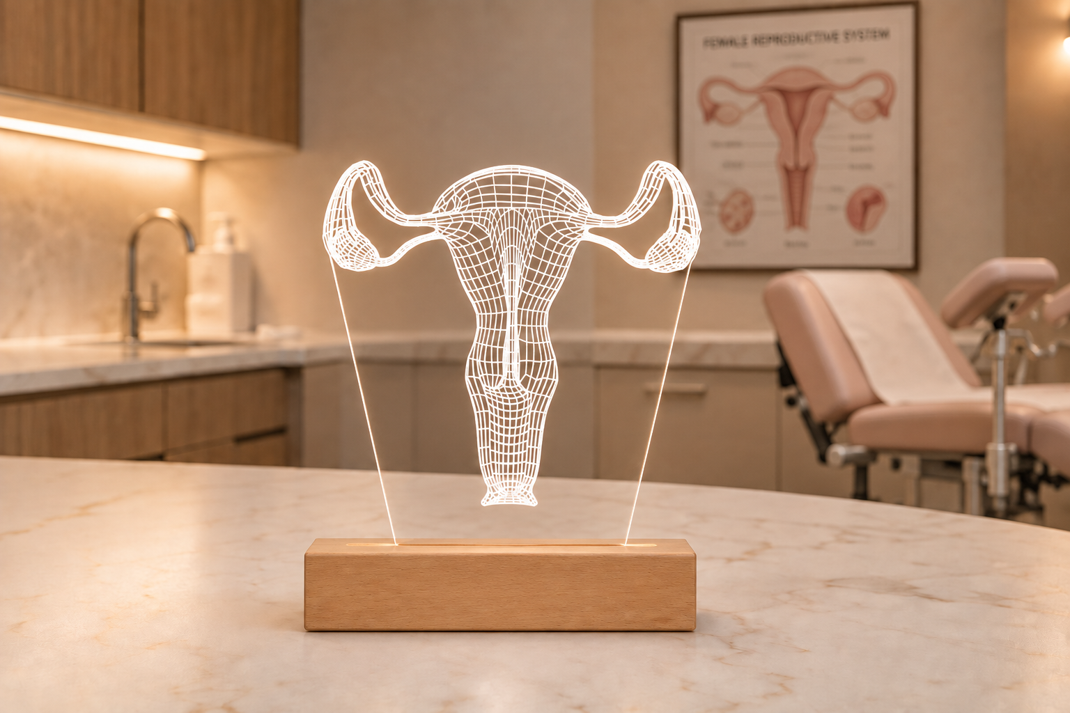 Blonde female gynecologist wearing blue glasses, seated slightly at an angle in a warmly lit office with a 3D LED uterus lamp on her desk.