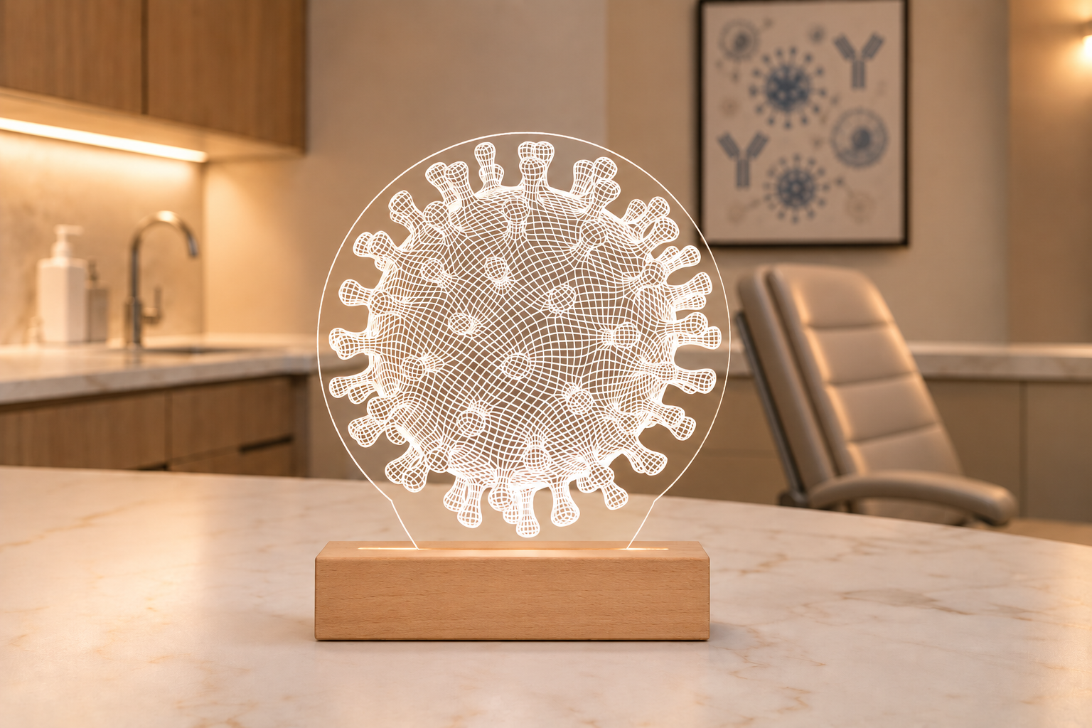Portrait of a South Asian male immunologist in a modern lab, seated beside a glowing 3D LED virus lamp. Surrounded by test tubes and scientific models, ideal for virology or immunology office decor and personalized gifts.