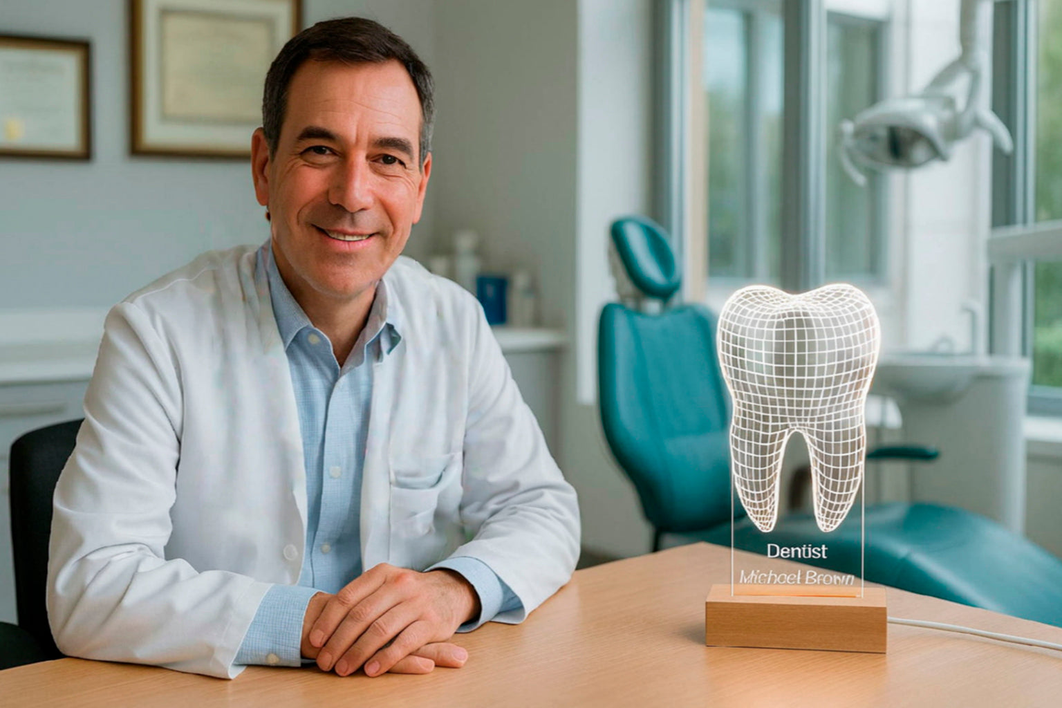 Male dentist in a dental clinic sitting at a wooden desk next to a 3D LED tooth lamp, smiling confidently in a well-lit medical environment.