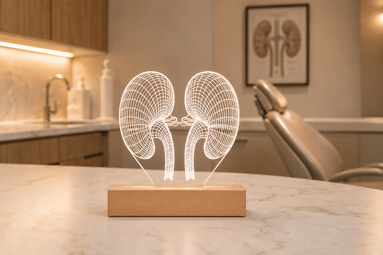 Portrait of a red-haired female endocrinologist in her office, smiling beside a glowing 3D LED kidney lamp. Surrounded by anatomical thyroid models and educational charts, ideal medical gift for nephrology and endocrinology professionals.