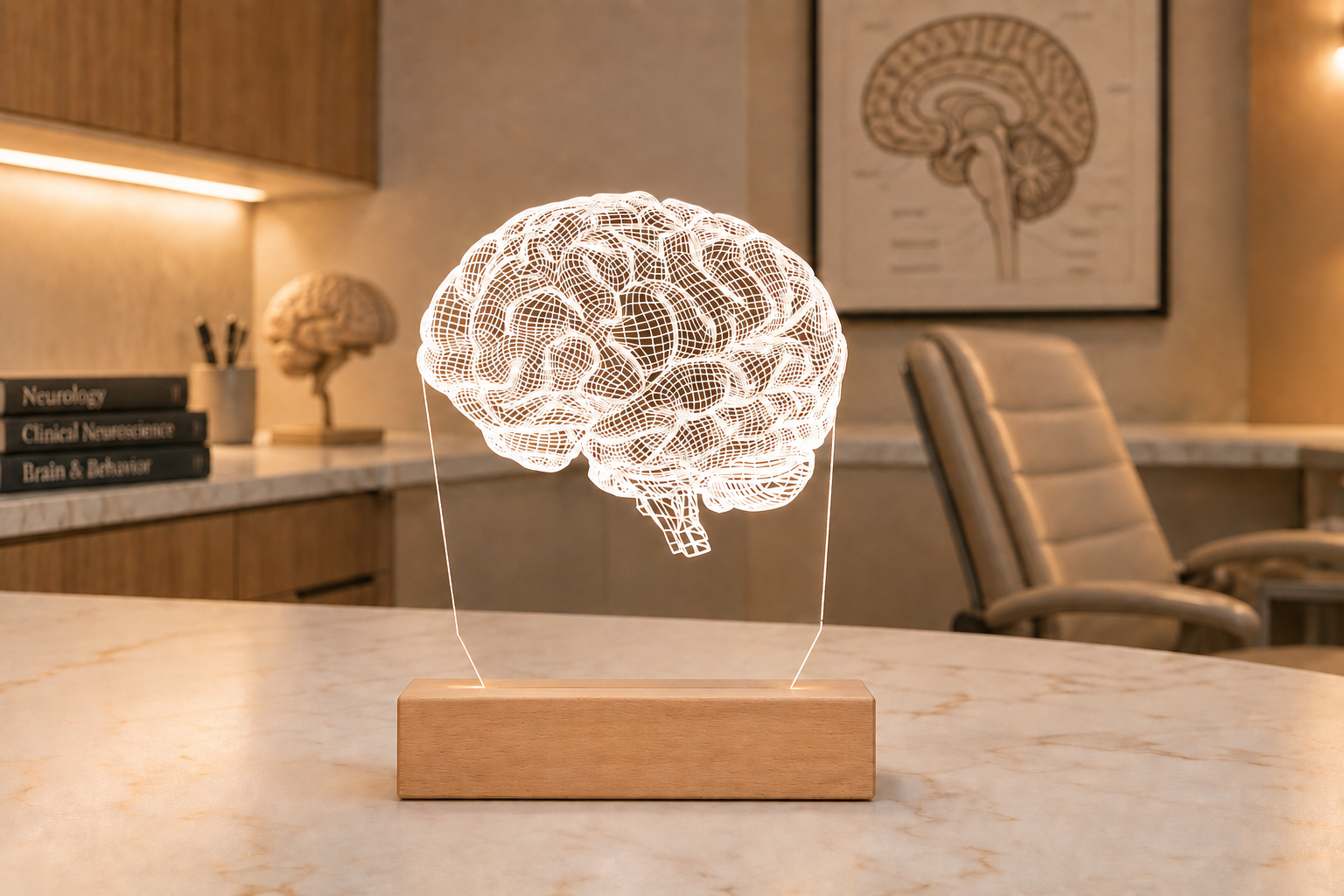 Neurologist with brain LED lamp in lab – thoughtful gift for brain specialists
