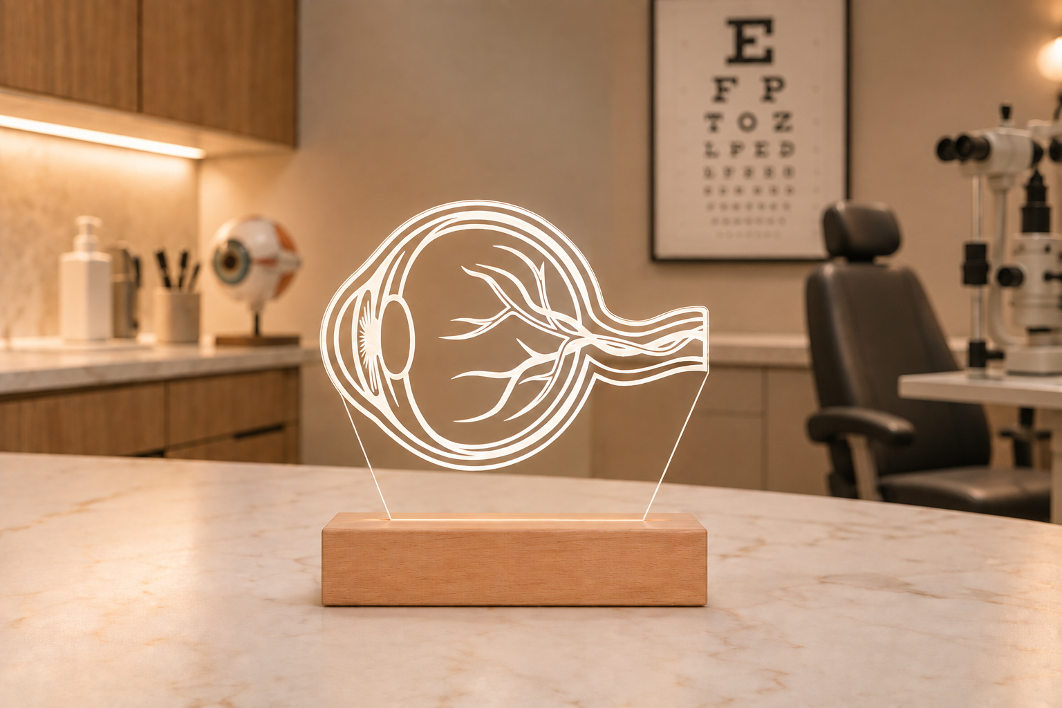 Middle-aged female optometrist with blue glasses and gray hair seated at her desk with a glowing 3D LED lamp in the shape of an eye, surrounded by optometry tools and decor.