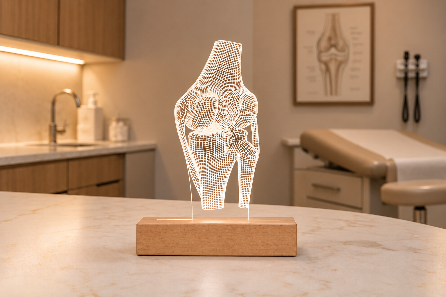 Middle-aged male orthopedic doctor wearing glasses, sitting in a rehab clinic office with a glowing LED knee joint lamp and books on the table.