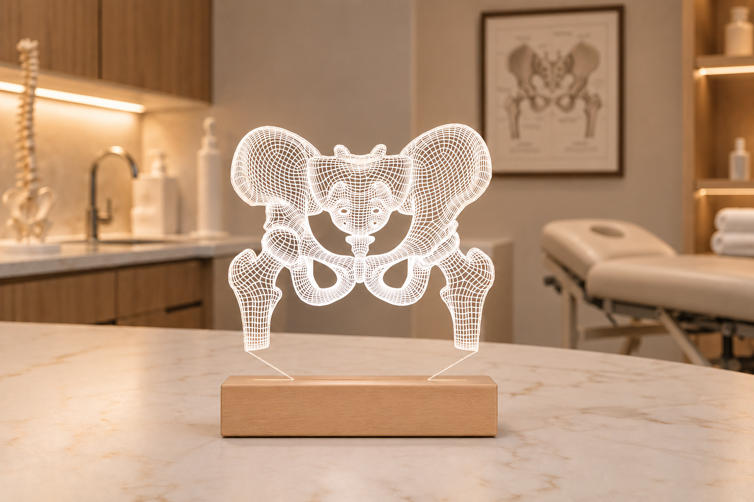 Portrait of a short-haired female osteopath in a bright clinic, seated at her desk next to a glowing 3D LED pelvis lamp. The background features anatomical models and spine-related medical decor, ideal for osteopathy professionals and gifts.