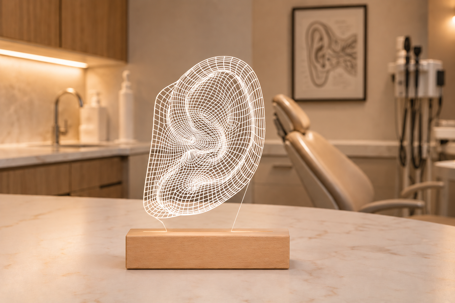 Portrait of an East Asian female ENT doctor in her clinic, seated beside a glowing 3D LED ear lamp. Surrounded by anatomical models and soft daylight, perfect gift and decor for otolaryngologists or hearing specialists.
