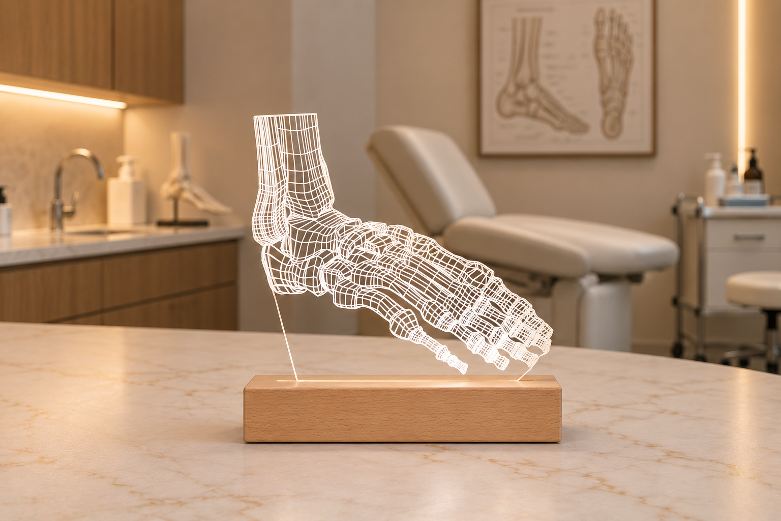 Professional portrait of a male podiatrist sitting in his clinic next to a glowing 3D LED foot lamp. Ideal podiatry office decor and personalized gift for foot specialists.