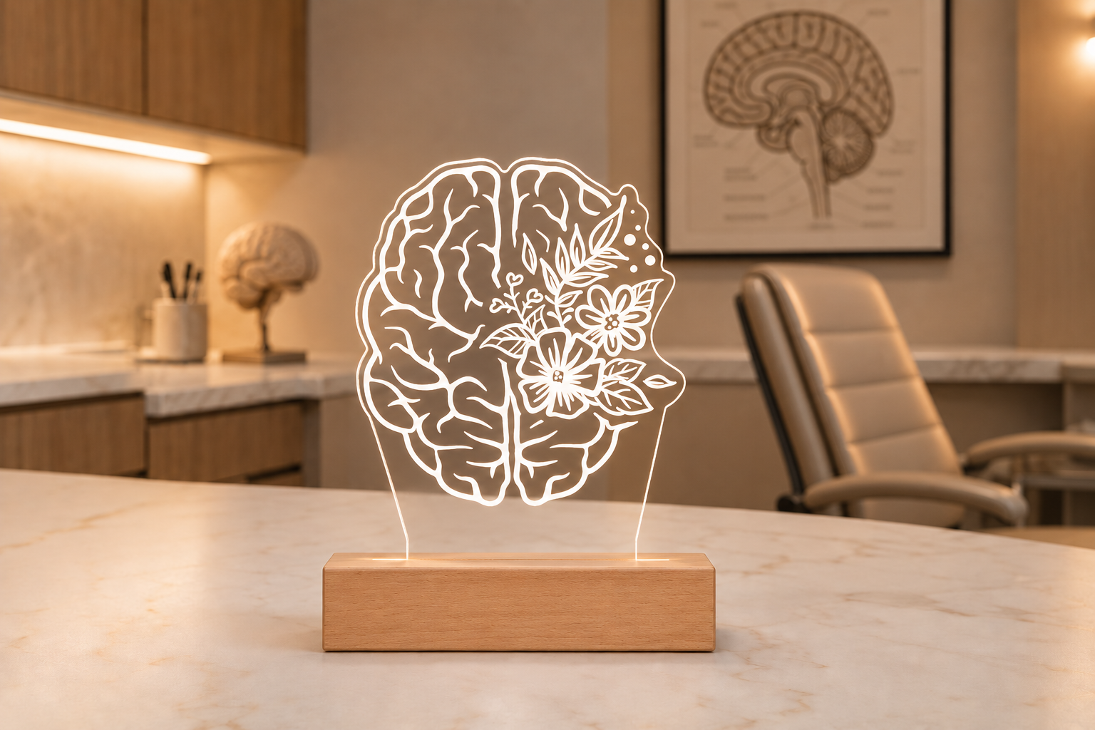 Female psychologist in a professional office, sitting at a desk with a glowing brain-shaped 3D LED lamp, smiling warmly, surrounded by natural light and decor.