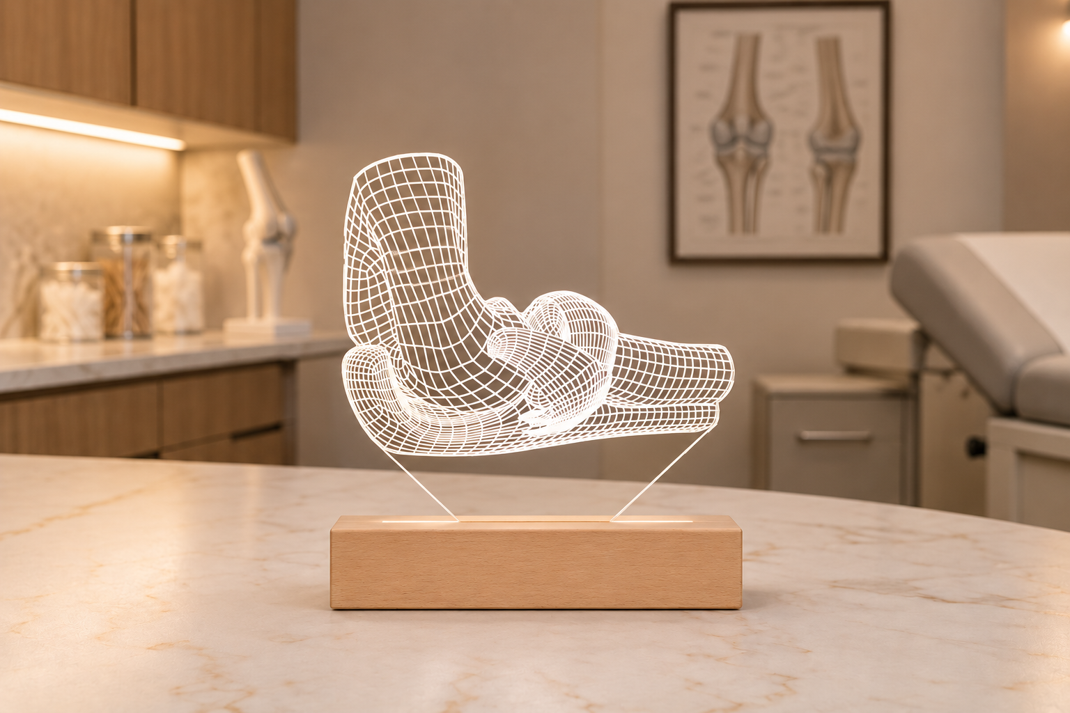 Smiling male rheumatologist with glasses and short beard seated in his lab, next to a glowing LED anatomical foot lamp. Background includes spine models, skeletal poster, and medical decor—ideal for professional gift promotion.
