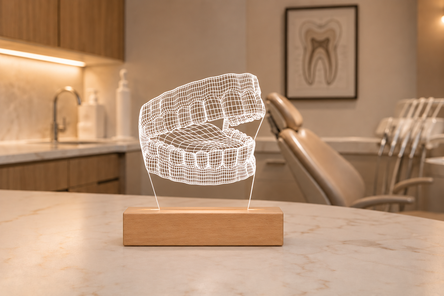 Portrait of a female dentist or orthodontist in her clinic, seated next to a glowing 3D LED jaw lamp. Dental decor and personalized gift for stomatologists or oral health professionals.