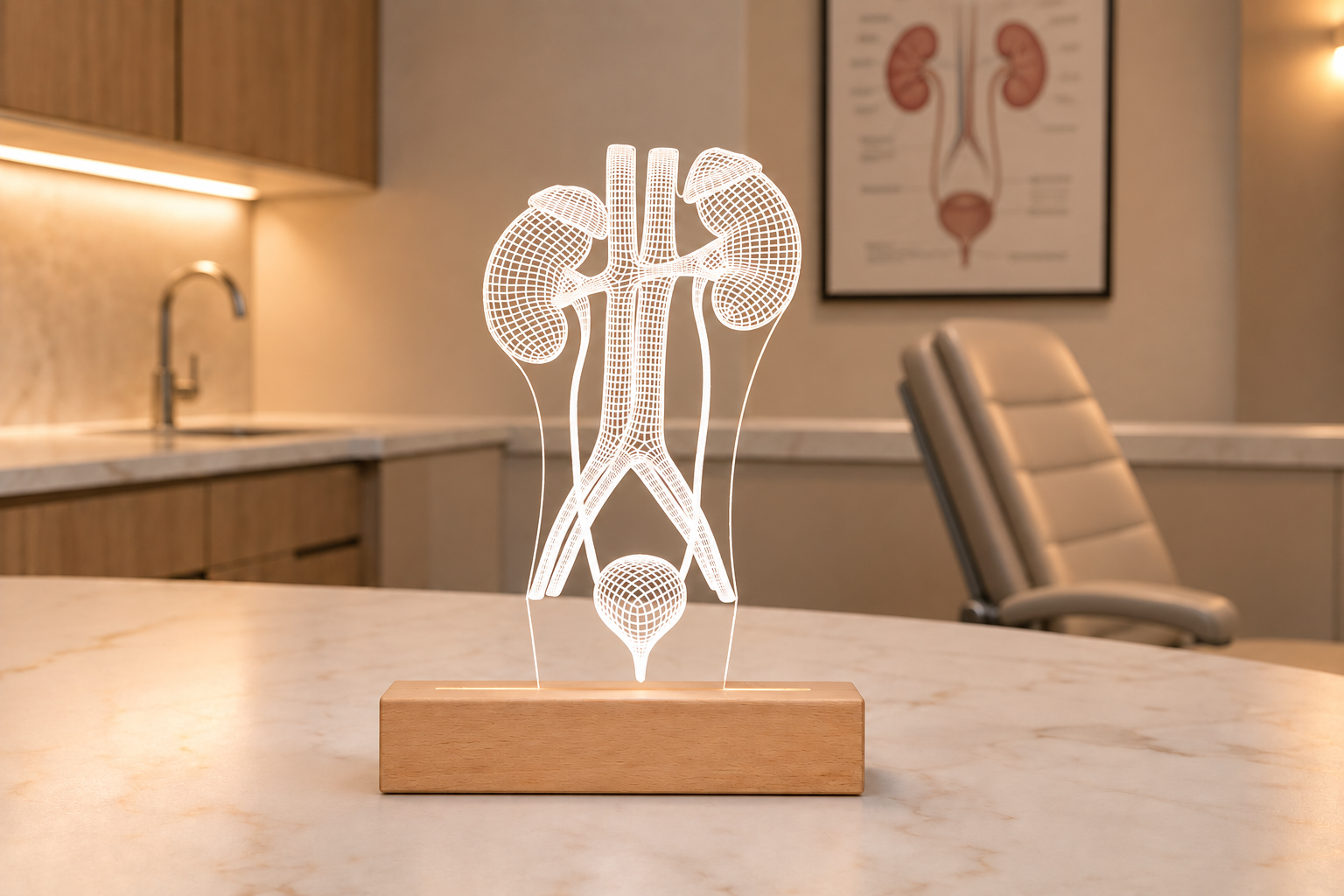 Personalized anatomical LED lamp shaped like the urinary system placed on a wooden desk beside a smiling female urologist with curly hair, seated in a modern medical laboratory with urology-themed decor in the background.